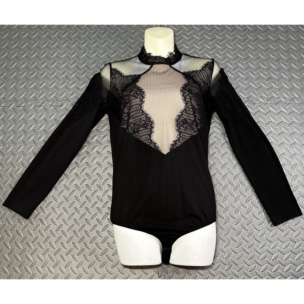 AREFEVA Women's Long Sleeve Black/Beige rib-knit Lace Bodysuit TOP Sz Large